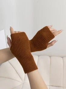 1 đôi Găng tay mùa đông dệt kim màu trơn, thiết kế đơn giản và linh hoạt - màu nâu - Xem 6