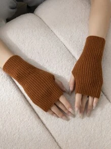 1 đôi Găng tay mùa đông dệt kim màu trơn, thiết kế đơn giản và linh hoạt - màu nâu - Xem 7
