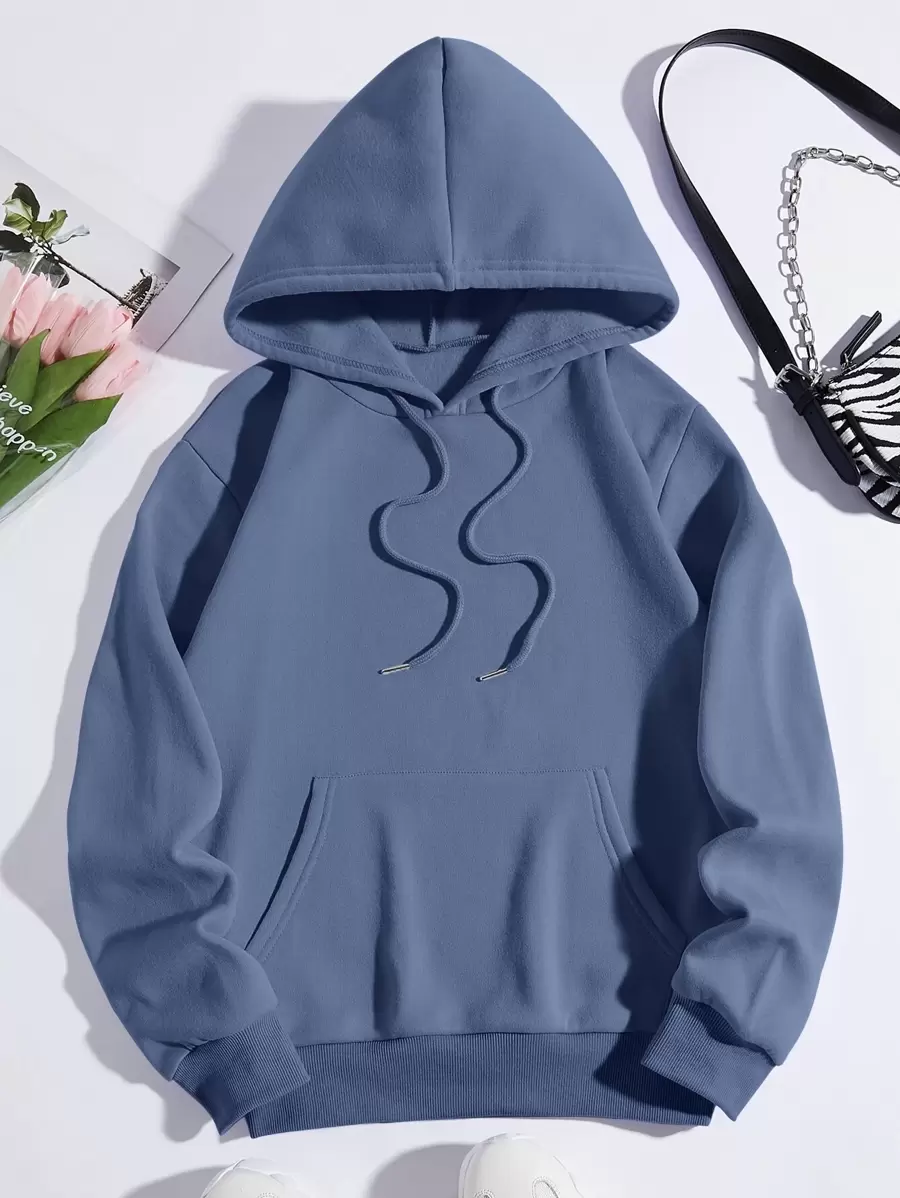 INAWLY 加大码口袋抽绳保暖卫衣，适合秋冬季节穿着，女士秋季服装 - 藏蓝色 - 查看 1