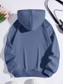 INAWLY Hoodie Túi kangaroo Chất rắn Lót nhiệt - Màu xanh bụi bặm - Xem 2