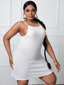 SHEIN SXY Plus Solid Waffle Knit Cami Dress - White - View 4
