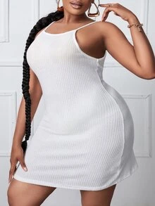 SHEIN SXY Plus Solid Waffle Knit Cami Dress - White - View 5