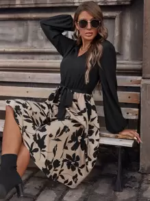 SHEIN LUNE 花卉印花灯笼袖系带连衣裙长款女装