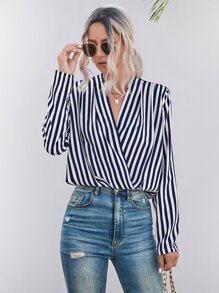SHEIN LUNE Striped Print Surplice Neck Blouse - Blue and White - View 4