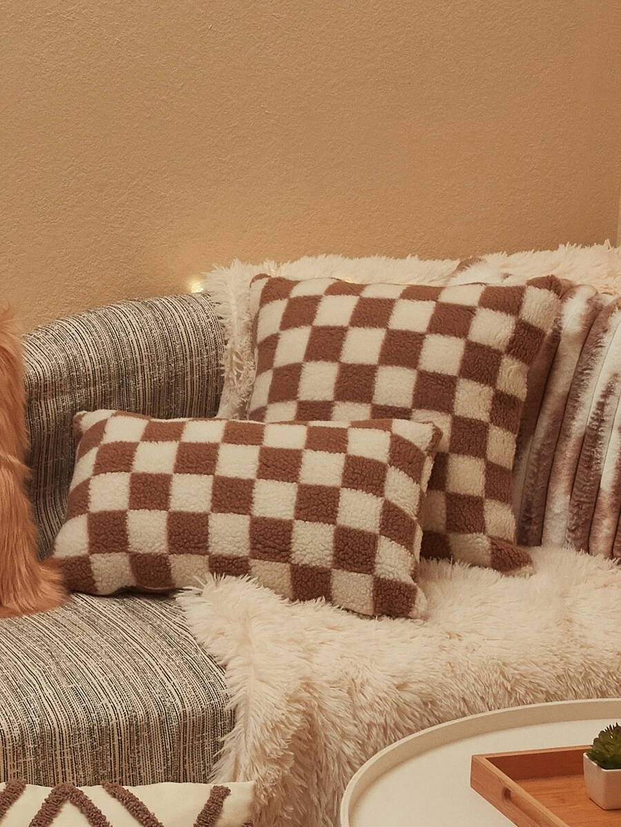 Checkboard Teddy Plush Cushion Cover Without Filler - Multicolor - View 1