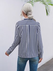SHEIN LUNE Striped Print Surplice Neck Blouse - Blue and White - View 2