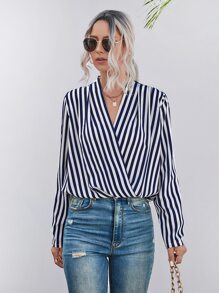 SHEIN LUNE Striped Print Surplice Neck Blouse - Blue and White - View 3