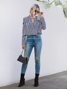 SHEIN LUNE Striped Print Surplice Neck Blouse - Blue and White - View 5