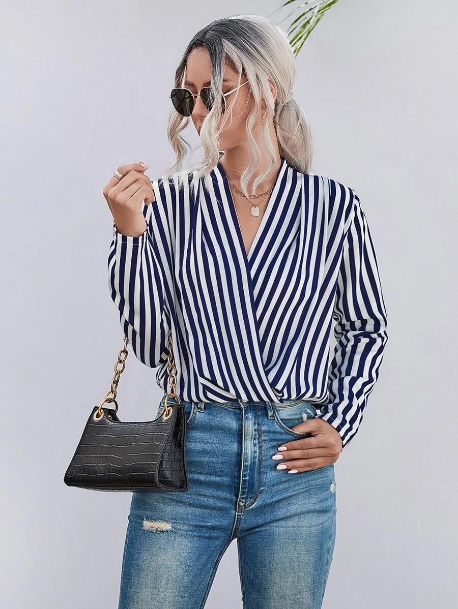 SHEIN LUNE Striped Print Surplice Neck Blouse - Blue and White - View 1