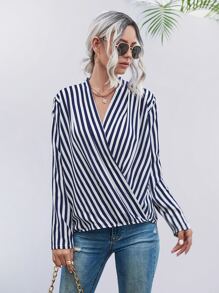 SHEIN LUNE Striped Print Surplice Neck Blouse - Blue and White - View 6