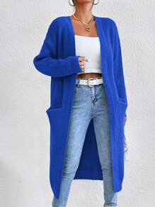 SHEIN Essnce Drop Shoulder Dual Pockets Duster Cardigan - Royal Blue - View 3