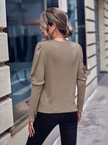 SHEIN LUNE Gigot Sleeve Solid Tee - Khaki - View 2