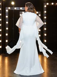 YISIKADO Plus Contrast Mesh Draped Mermaid Hem Wedding Dress - White - View 2