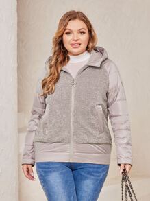 加大拉链插肩袖连帽夹棉大衣 - 淺灰紫 - 查看 1