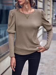 SHEIN LUNE Gigot Sleeve Solid Tee - Khaki - View 3