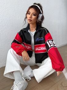 SHEIN EZwear Letter Graphic Patched Detail Colourblock Jacket - Multicolor - View 1