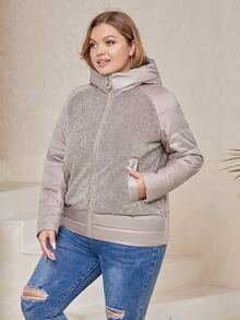 加大拉链插肩袖连帽夹棉大衣 - 淺灰紫 - 查看 4