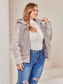 加大拉链插肩袖连帽夹棉大衣 - 淺灰紫 - 查看 5