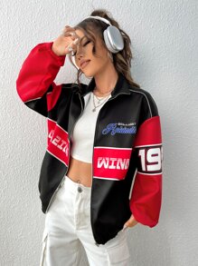 SHEIN EZwear Letter Graphic Patched Detail Colourblock Jacket - Multicolor - View 3