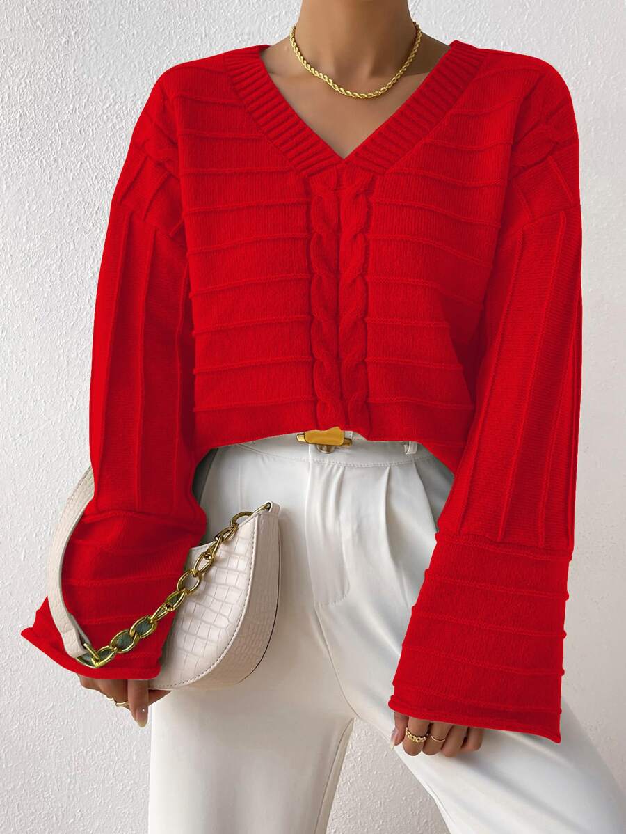 SHEIN Essnce Cable Knit Drop Shoulder Jumper - Red - View 1