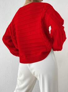 SHEIN Essnce Cable Knit Drop Shoulder Jumper - Red - View 2