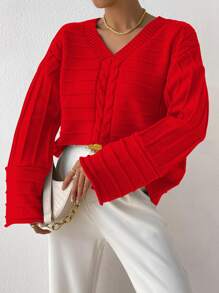 SHEIN Essnce Cable Knit Drop Shoulder Jumper - Red - View 4