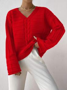 SHEIN Essnce Cable Knit Drop Shoulder Jumper - Red - View 5