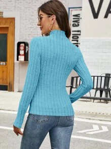 SHEIN Clasi Ribbed Mock Neck Tee - Mint Blue - View 2