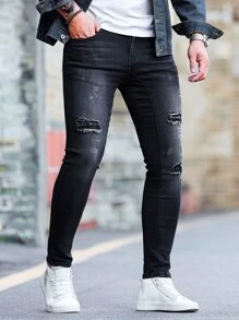 Manfinity LEGND Men Cotton Ripped Cat's Whisker Washed Skinny Jeans - Black - View 1