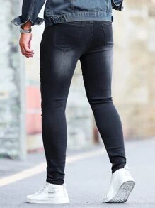 Manfinity LEGND Men Cotton Ripped Cat's Whisker Washed Skinny Jeans - Black - View 2