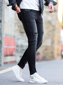 Manfinity LEGND Men Cotton Ripped Cat's Whisker Washed Skinny Jeans - Black - View 5