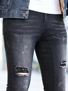 Manfinity LEGND Men Cotton Ripped Cat's Whisker Washed Skinny Jeans - Black - View 6