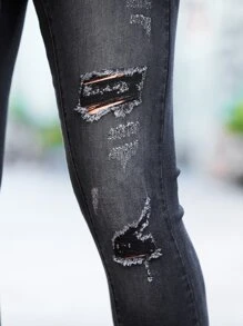 Manfinity LEGND Men Cotton Ripped Cat's Whisker Washed Skinny Jeans - Black - View 7