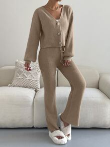 SHEIN Unity Single Breasted Drop Shoulder Cardigan & Tie Front Knit Trousers - Camel - View 4