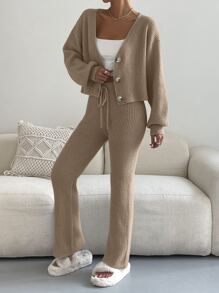 SHEIN Unity Single Breasted Drop Shoulder Cardigan & Tie Front Knit Trousers - Camel - View 6