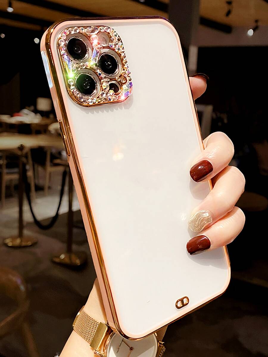 鑲嵌水晶裝飾對比色框架手機殼,適用於 iPhone 11、 iPhone 13、 iPhone 14 Pro Max - 粉色 - 查看 1
