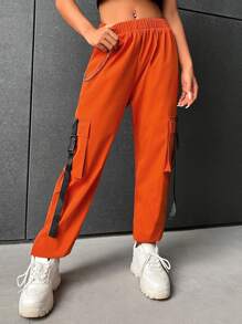 SHEIN Coolane Flap Pocket Buckle Tape Cargo Pants With Chain - Orange - View 4