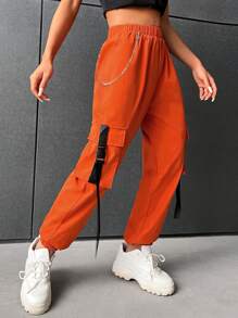 SHEIN Coolane Flap Pocket Buckle Tape Cargo Pants With Chain - Orange - View 5