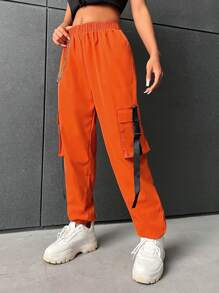 SHEIN Coolane Flap Pocket Buckle Tape Cargo Pants With Chain - Orange - View 6