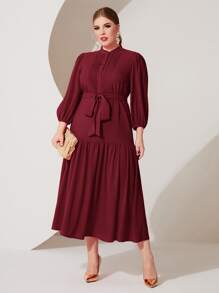 Modelyn Plus Lantern Sleeve Ruffle Hem Belted Dress - Maroon - View 1