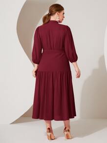 Modelyn Plus Lantern Sleeve Ruffle Hem Belted Dress - Maroon - View 2