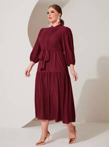 Modelyn Plus Lantern Sleeve Ruffle Hem Belted Dress - Maroon - View 3