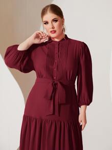 Modelyn Plus Lantern Sleeve Ruffle Hem Belted Dress - Maroon - View 4