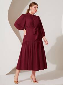 Modelyn Plus Lantern Sleeve Ruffle Hem Belted Dress - Maroon - View 5