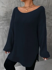 SHEIN LUNE Plus Drop Shoulder Split Hem Jumper - Navy Blue - View 1