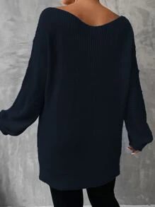 SHEIN LUNE Plus Drop Shoulder Split Hem Jumper - Navy Blue - View 2