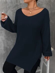 SHEIN LUNE Plus Drop Shoulder Split Hem Jumper - Navy Blue - View 4