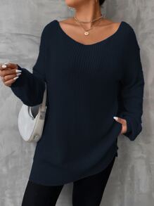 SHEIN LUNE Plus Drop Shoulder Split Hem Jumper - Navy Blue - View 5