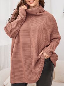 SHEIN LUNE Plus Turtleneck Batwing Sleeve Jumper - Dusty Pink - View 1