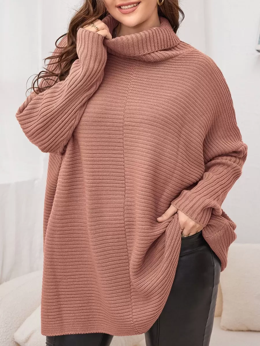 SHEIN LUNE Plus Turtleneck Batwing Sleeve Jumper - Dusty Pink - View 1